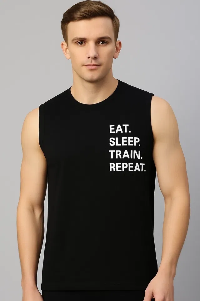 Round Neck Printed T-Shirt for Men (Black, S)