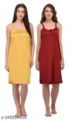 Satin Solid Nightdress for Women, Yellow & Maroon, Pack of 2 