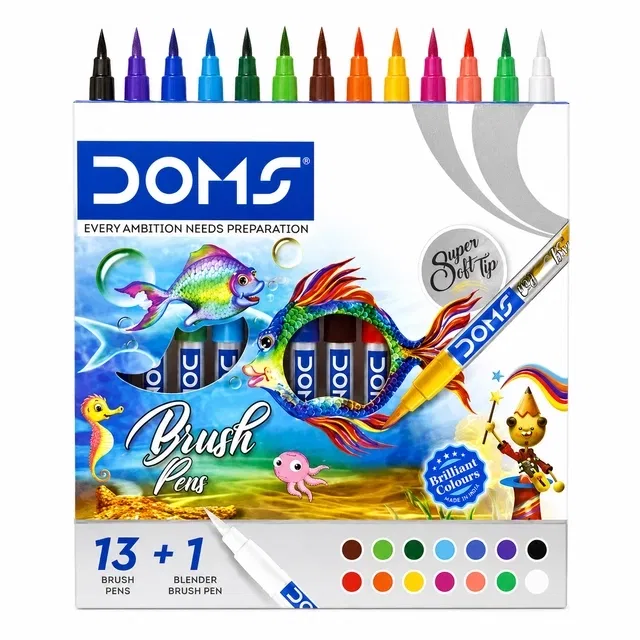 Doms 14 Shades Brush Pen Box Pack Brush Tip Nib Sketch Pens [Set of 1, Multicolor]