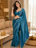 Bollywood Teal Satin Solid Lace Border Saree for Women
