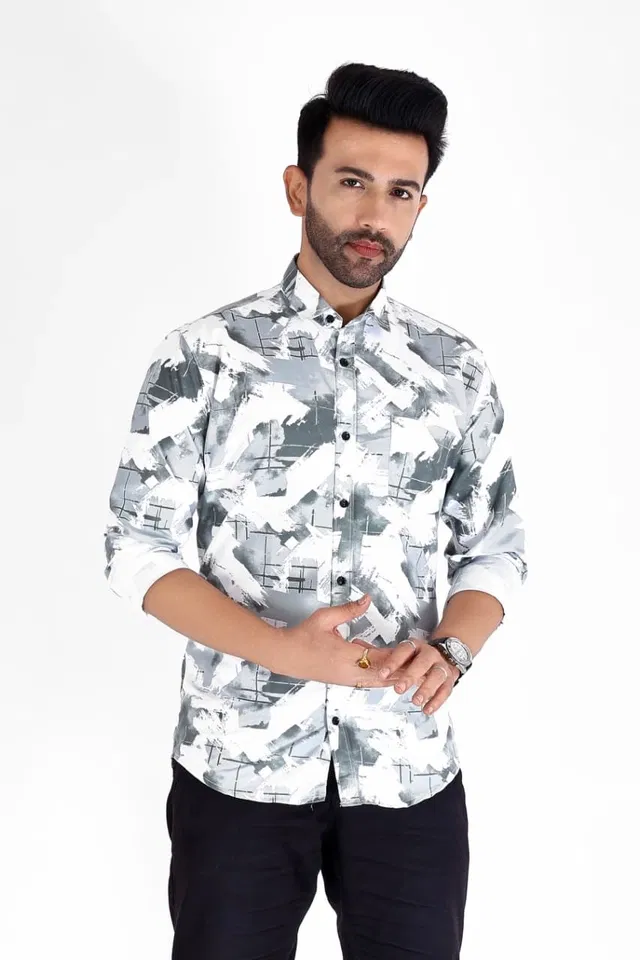 Cotton Blend Printed Shirt for Men, White & Grey (XXL)