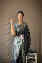 Litchi Silk Zari Woven Saree for Women, Grey 