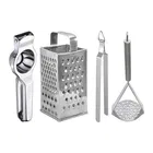 Oc9 Stainless Steel Lemon Squeezer & 4 in 1 Grater Or Slicer & Roti Chimta & Potato Masher Kitchen Tool Set 