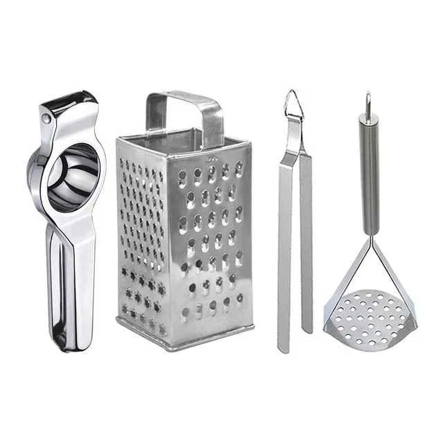 Oc9 Stainless Steel Lemon Squeezer & 4 in 1 Grater Or Slicer & Roti Chimta & Potato Masher Kitchen Tool Set (O-112)