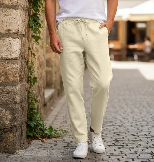 Linen Trousers for Men (Cream, 32)