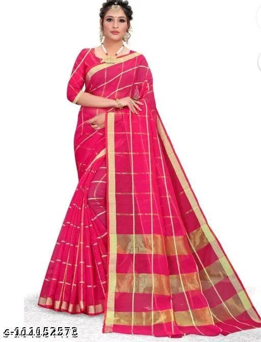 Kota Doria Cotton Saree for Women (Pink)