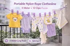 Portable Nylon Rope Clothesline 5 Meter + 12 Clips Purple