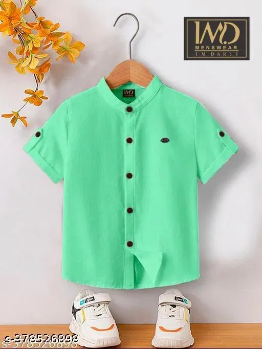Solid Cotton Blend Mandarin Neck T-Shirt for Boys (Mint Green, 12-13 Years)
