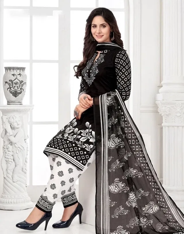 Punjabi Floral Suit for Women (Black, Black)