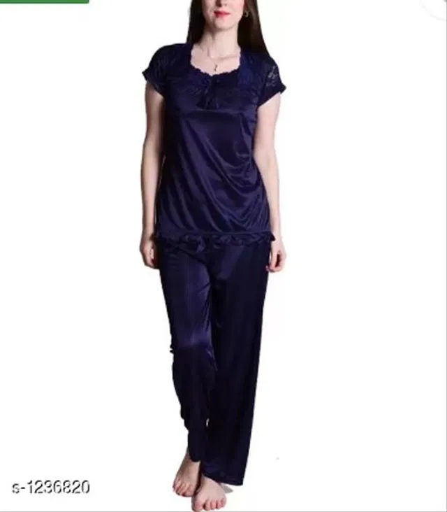 Satin Nightsuit Set for Women (Navy Blue, XL)