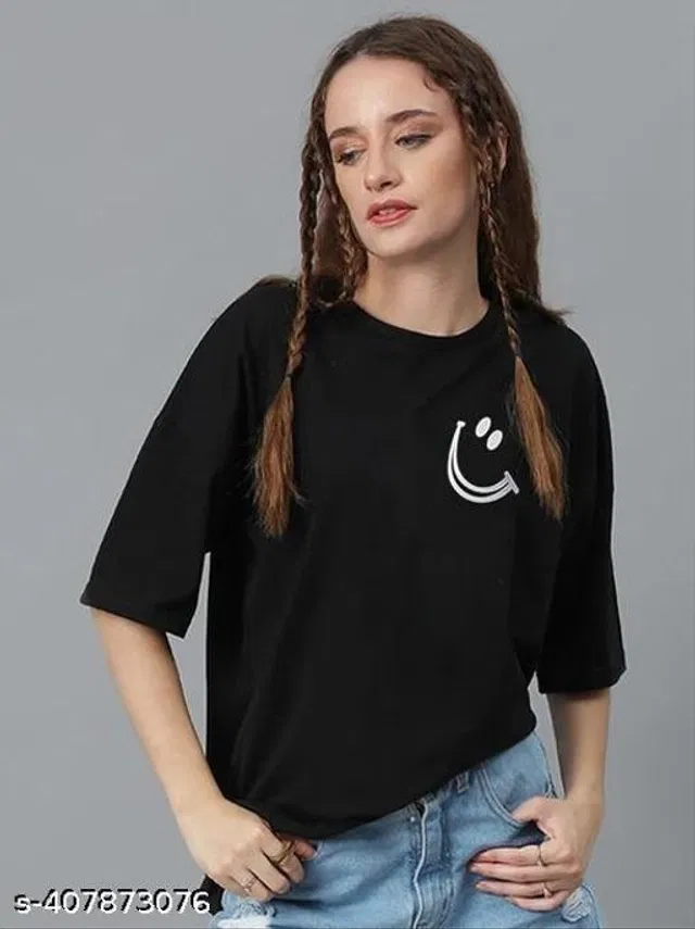 Cotton Round Neck Printed T-Shirt for Women (Black, XL)