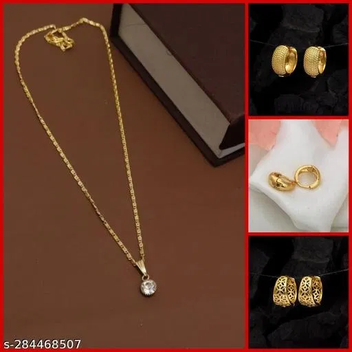 Alloy Pendant with Chain & 3 Pair Earrings for Women (Multicolor, Set of 4)