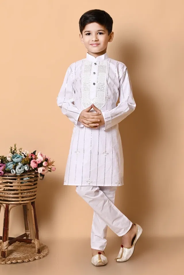 Cotton Embellished Kurta with Payjama for Boys, White (3-4 Years)