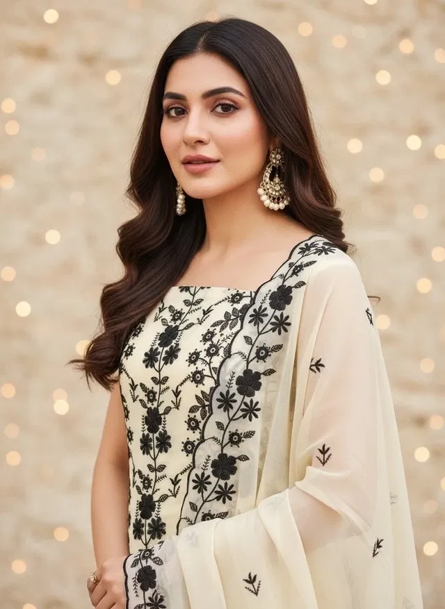 Georgette Embroidered Unstitched Suit Fabric, Beige