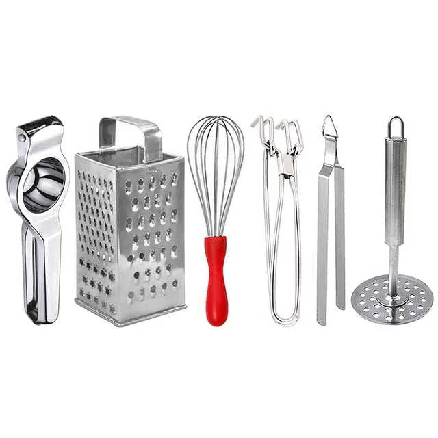 Oc9 Stainless Steel Lemon Squeezer & 4 in 1 Grater Or Slicer & Egg Whisk & Pakkad & Roti Chimta & Potato Masher Kitchen Tool Set (O-163)