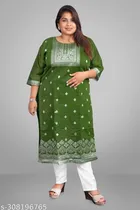 Chanderi Cotton Embroidered Kurti with Pant for Women (Olive, XXL)