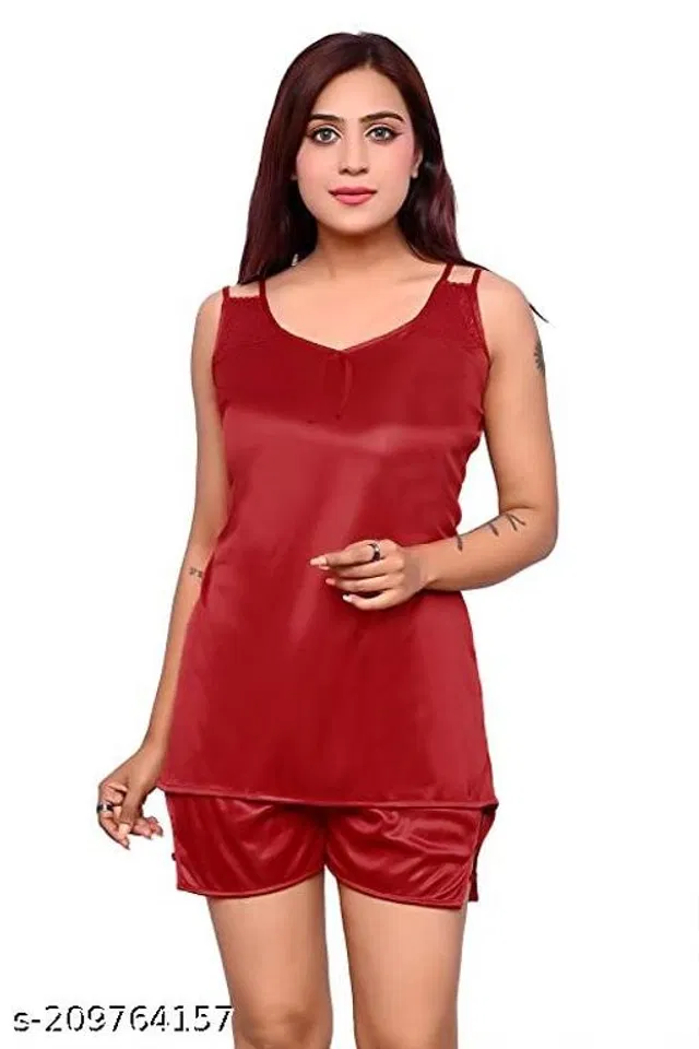 Satin Nightdress Set for Women (Red, XL)