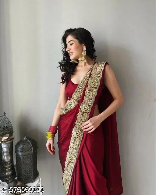 Chinnon Embroidered Saree For Women, Red