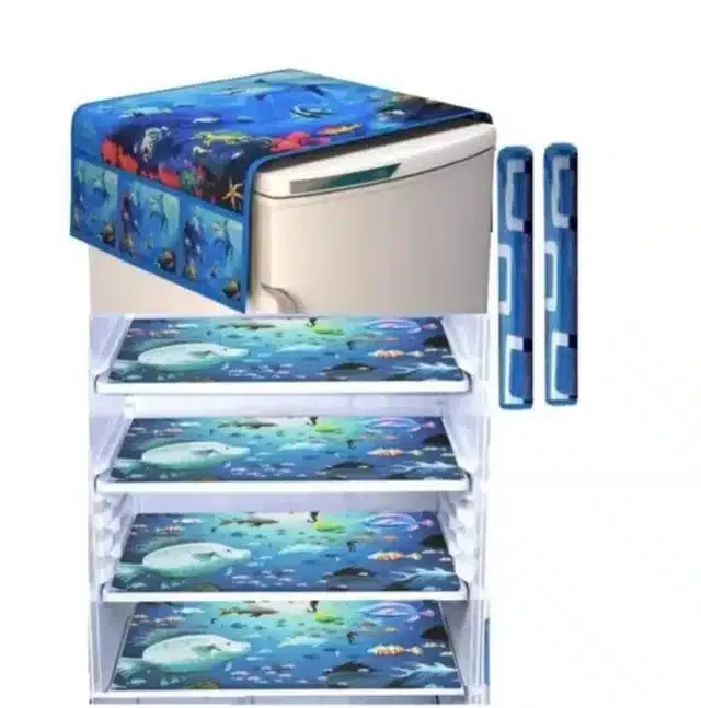 Knit Printed Fridge 4 Pcs Mat with 2 Pcs Handle & Top Cover (Multicolor, Set of 1)