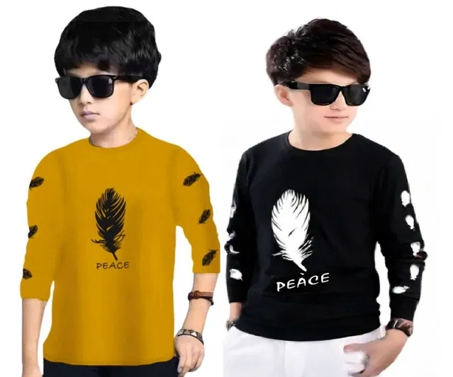Round Neck Printed T-Shirt for Boys (Mustard & Black, 9-10 Years) (Pack of 2)