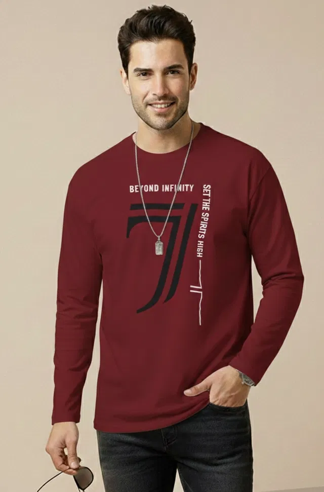 Polyester Printed T-shirt for Men, Maroon (M)