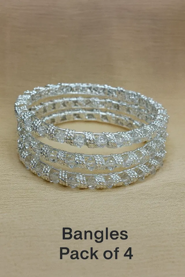 Metal Silver Plated Bangles for Women, Silver, Pack of 4 (2.4)