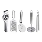 Oc9 Stainless Steel Lemon Squeezer & Cheese Grater & Pizza Cutter & Potato Masher & Roti Chimta Kitchen Tool Set 