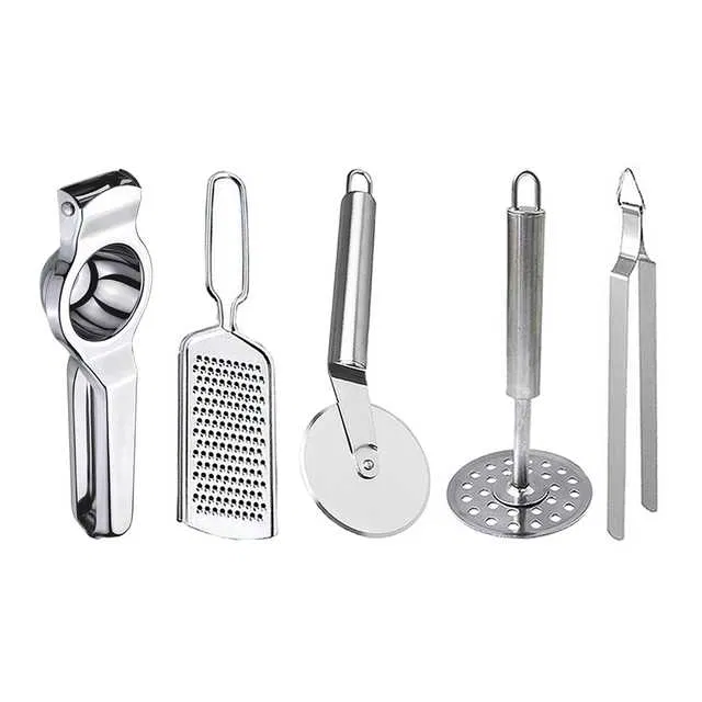 Oc9 Stainless Steel Lemon Squeezer & Cheese Grater & Pizza Cutter & Potato Masher & Roti Chimta Kitchen Tool Set (O-123)