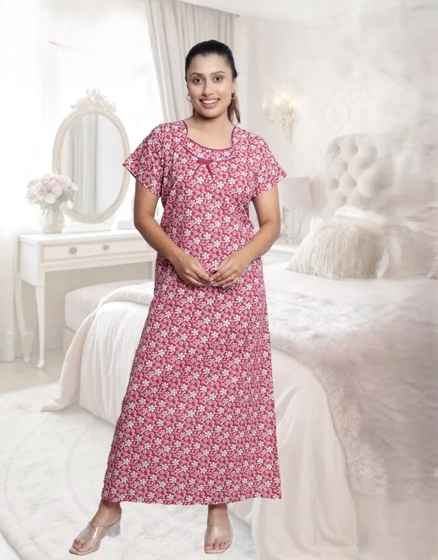 100% Cotton Floral Print Nightdress for Women (Maroon, Free Size)