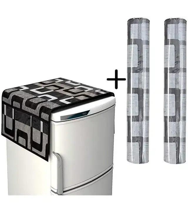 Knit Printed Fridge Top & Handle Cover (Black, Set of 1)