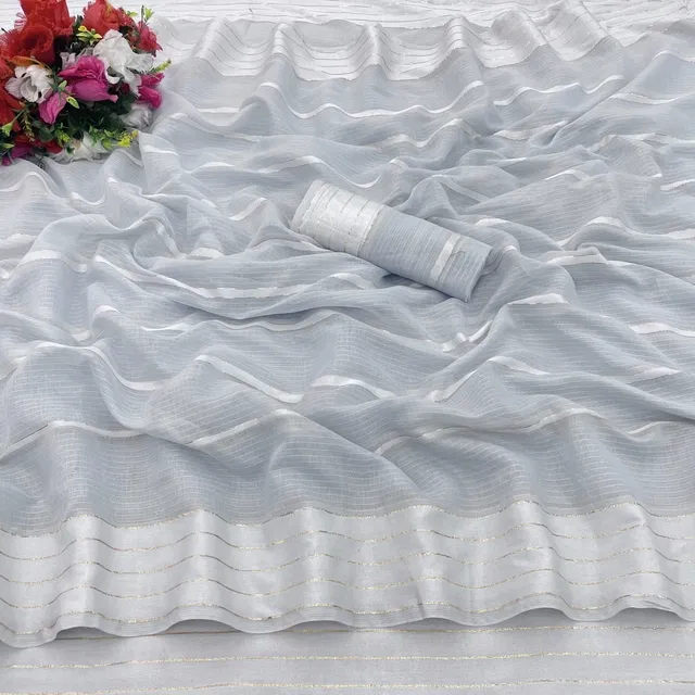 Cotton Blend Striped Saree for Women (Grey, 6.3 m)