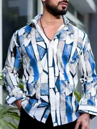 Full Sleeves Printed Shirt for Men (Blue & White, S)