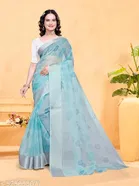 Linen Zari Checks Bandhani Printed Organza Saree for Women 