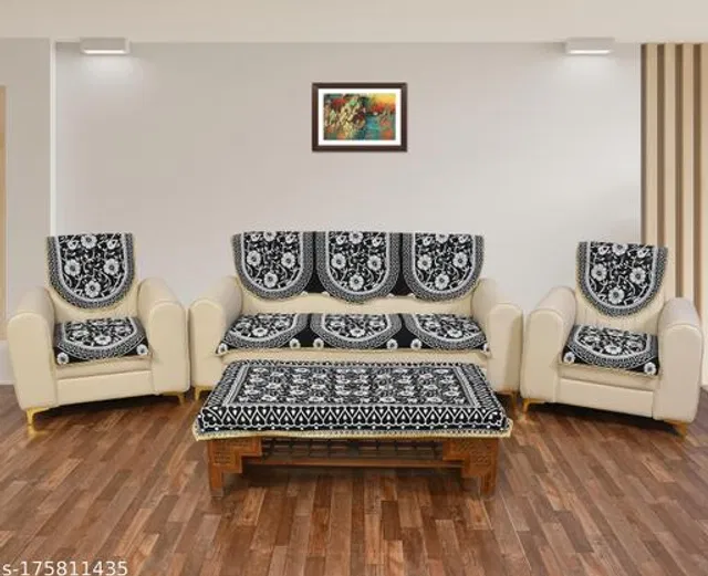 Polycotton 5 Seater Sofa Covers With Table Cover (Black, Set of 2)