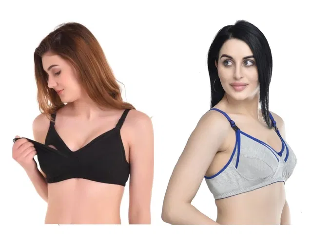 Cotton Blend Solid Non Padded Feeding Bras for Women (Multicolor, 36) (Pack of 2)