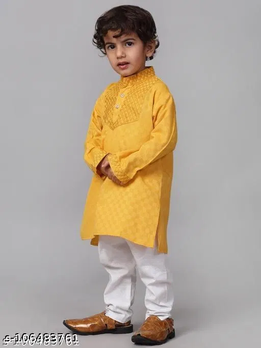 Cotton Kurta with Pyjama for Boys (Yellow & White, 4-5 Years)