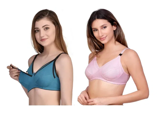 Cotton Blend Solid Non Padded Feeding Bras for Women (Multicolor, 2XL) (Pack of 2)