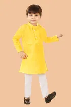 Cotton Blend Solid Kurta with Payjama for Boys, Yellow & White 