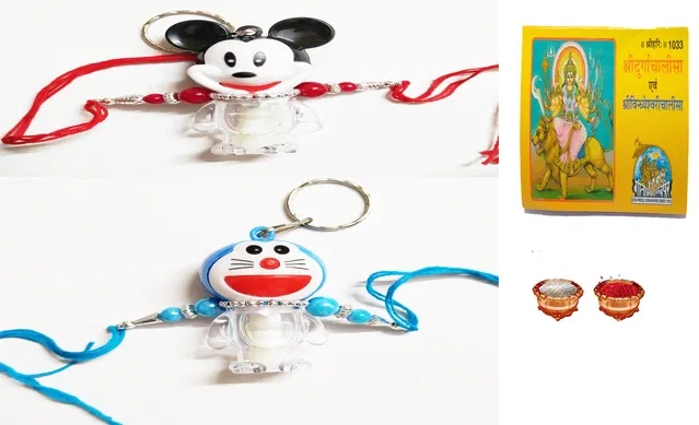 Plastic Doremon Mickey Light Rakhi with Durga Chalisa for Kids (Multicolor, Pack of 3)
