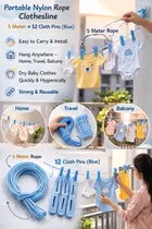 Portable Nylon Rope Clothesline 5 Meter + 12 Clips Blue