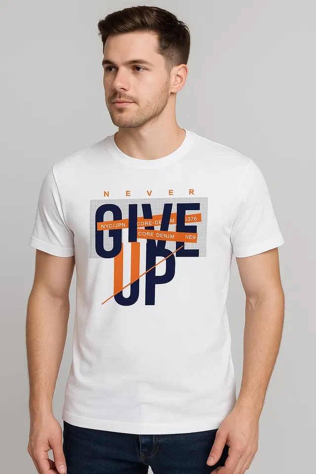 Round Neck Printed T-Shirt for Men (White, M)