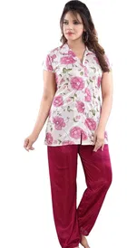Satin Printed Nightsuit for Women (Multicolor, XL)