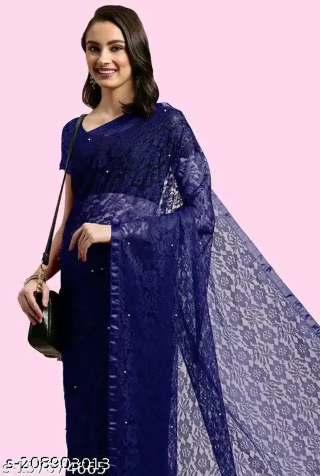 Net Saree for Women (Navy Blue, 6.3 m)
