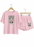 Cotton Blend Printed Top & Bottom Set for Women, Pink 