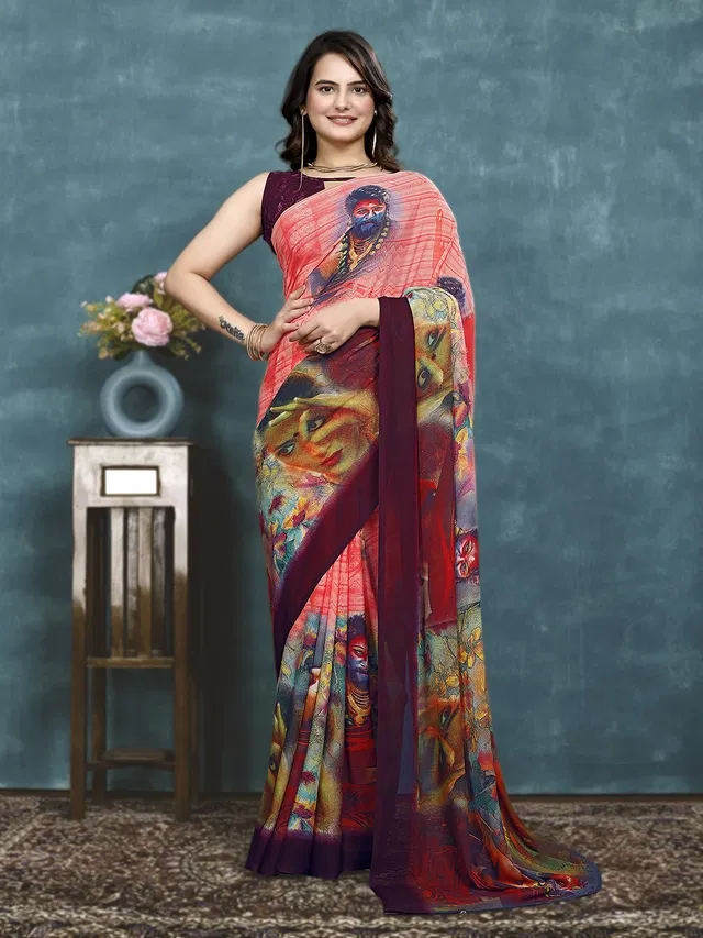 Georgette Printed Saree for Women (Wine, 6.3 m)