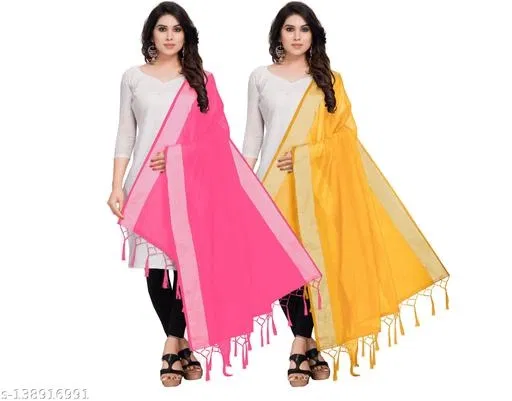 Solid Cotton Silk Dupatta with Tassels for Women, Pack of 2 (Pink, One Size)