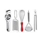 Oc9 Stainless Steel Lemon Squeezer & Cheese Grater & Egg Whisk & Potato Masher & Roti Chimta Kitchen Tool Set 