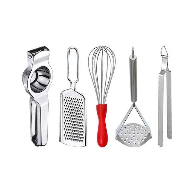 Oc9 Stainless Steel Lemon Squeezer & Cheese Grater & Egg Whisk & Potato Masher & Roti Chimta Kitchen Tool Set (O-117)