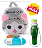 Combo of Fabric School Bag, Water Bottle with Lunch Box for Kids 