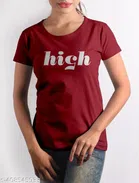 Cotton Round Neck Printed T-Shirt for Women (Maroon, XL)